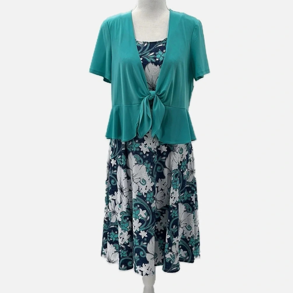 Perceptions NY 2 Tank Style Floral Dress & Peplum Jacket - 2 Piece Set - Medium